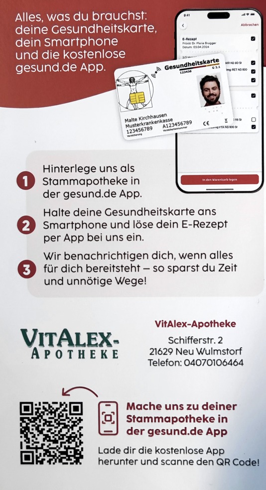 E-Rezept per gesund.de App und Gesundheitskarte bei der VitAlex-Apotheke Neu Wulmstorf einlösen.